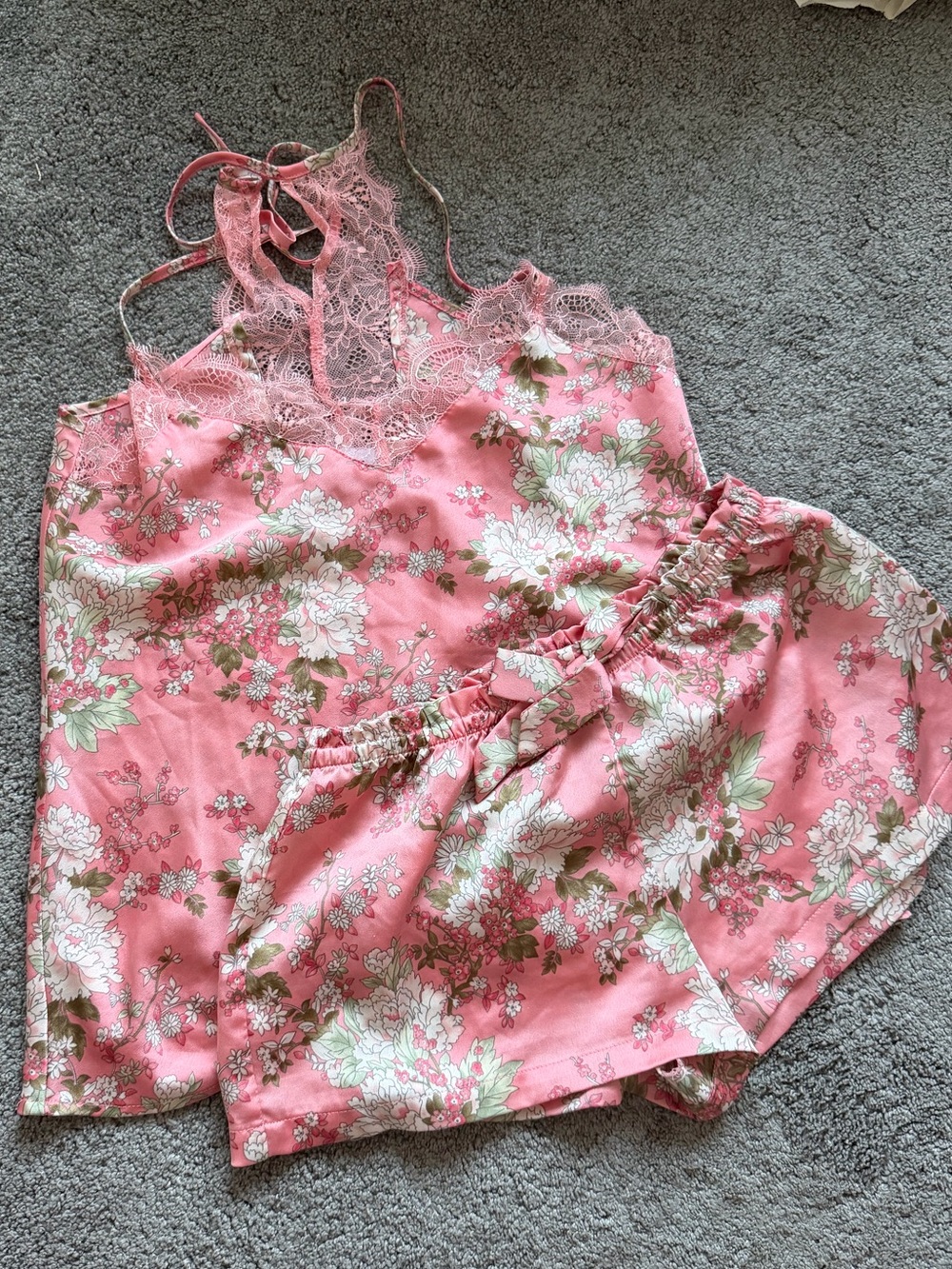 Etam Sateen Floral Lace-Trim Pink Cami & Short Pajama Set